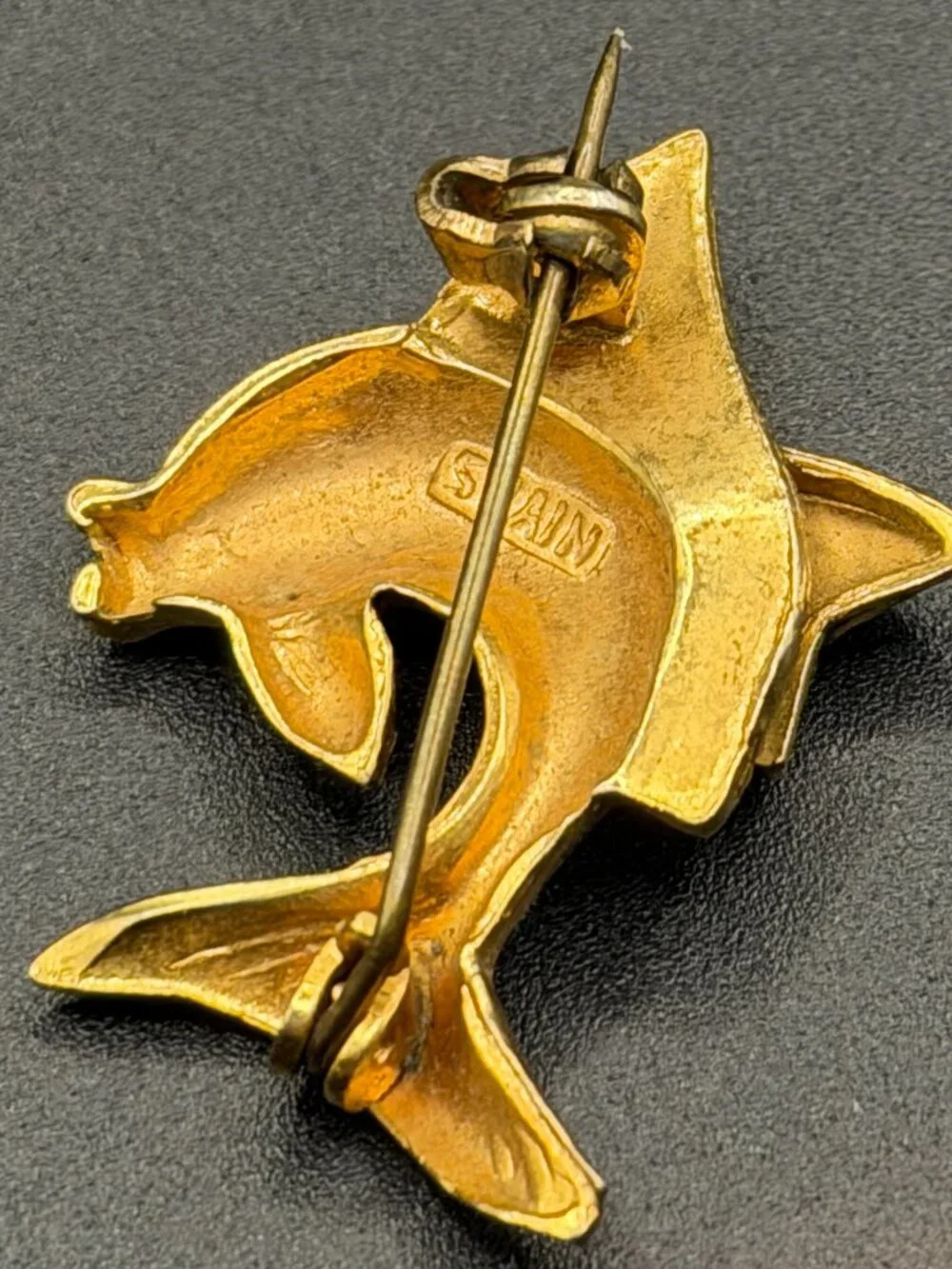 Set Of 2 Damascene Made in Spain Brooch Pins Flower Flying Fish Gold Black White